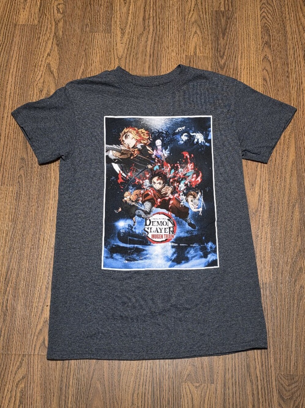 Demon Slayer Mugen Train Movie Poster Graphic T-Shirt Grey Mens Small Anime Tee